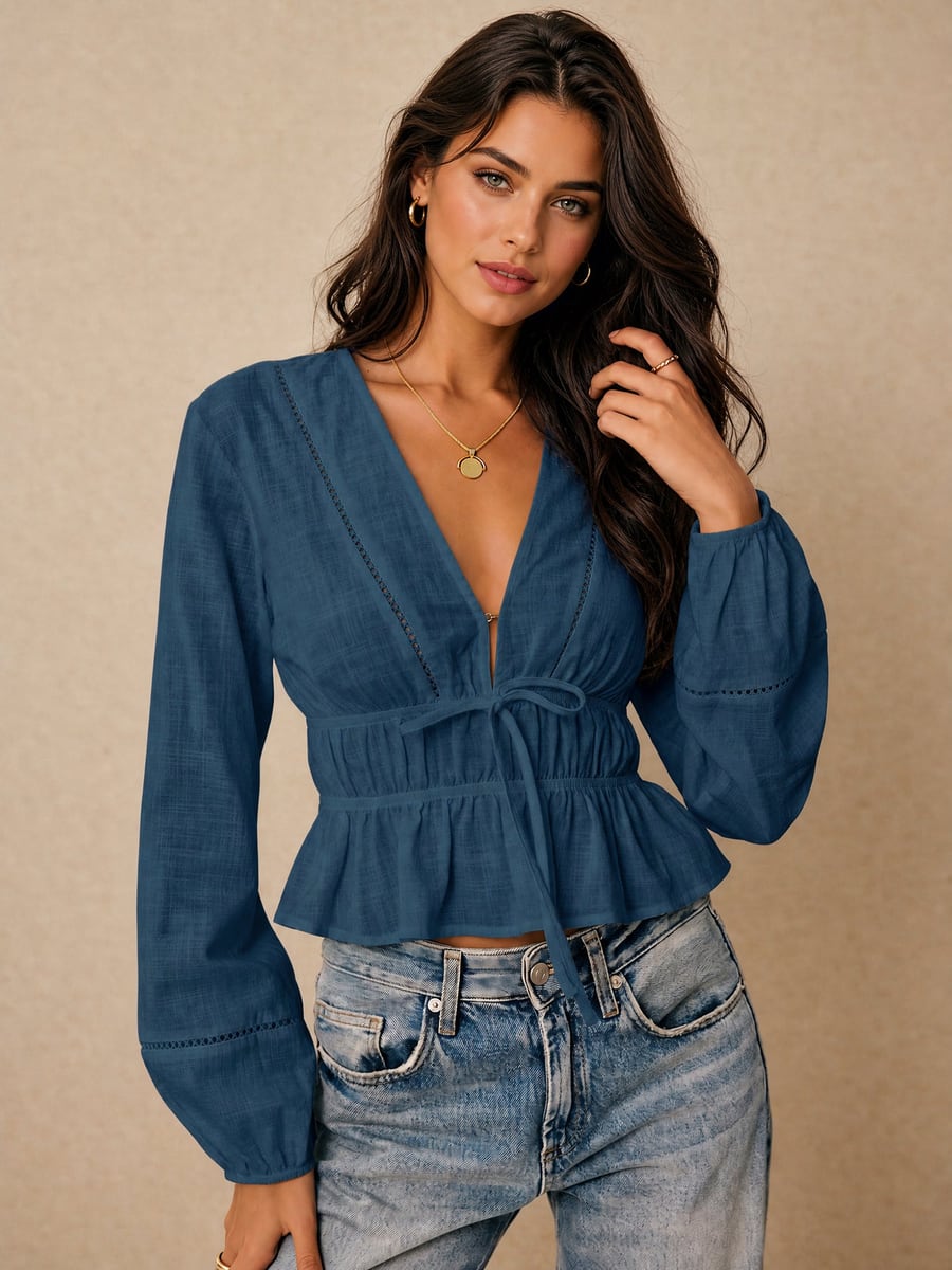 Front view in navy with jeans