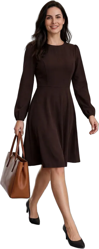 Crew neck puff sleeve A-line work dress