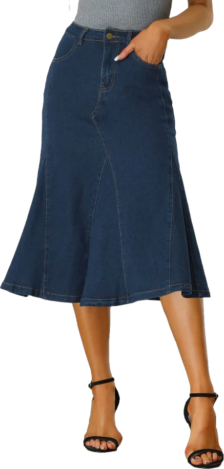 Falda midi vaquera con bajo de volante