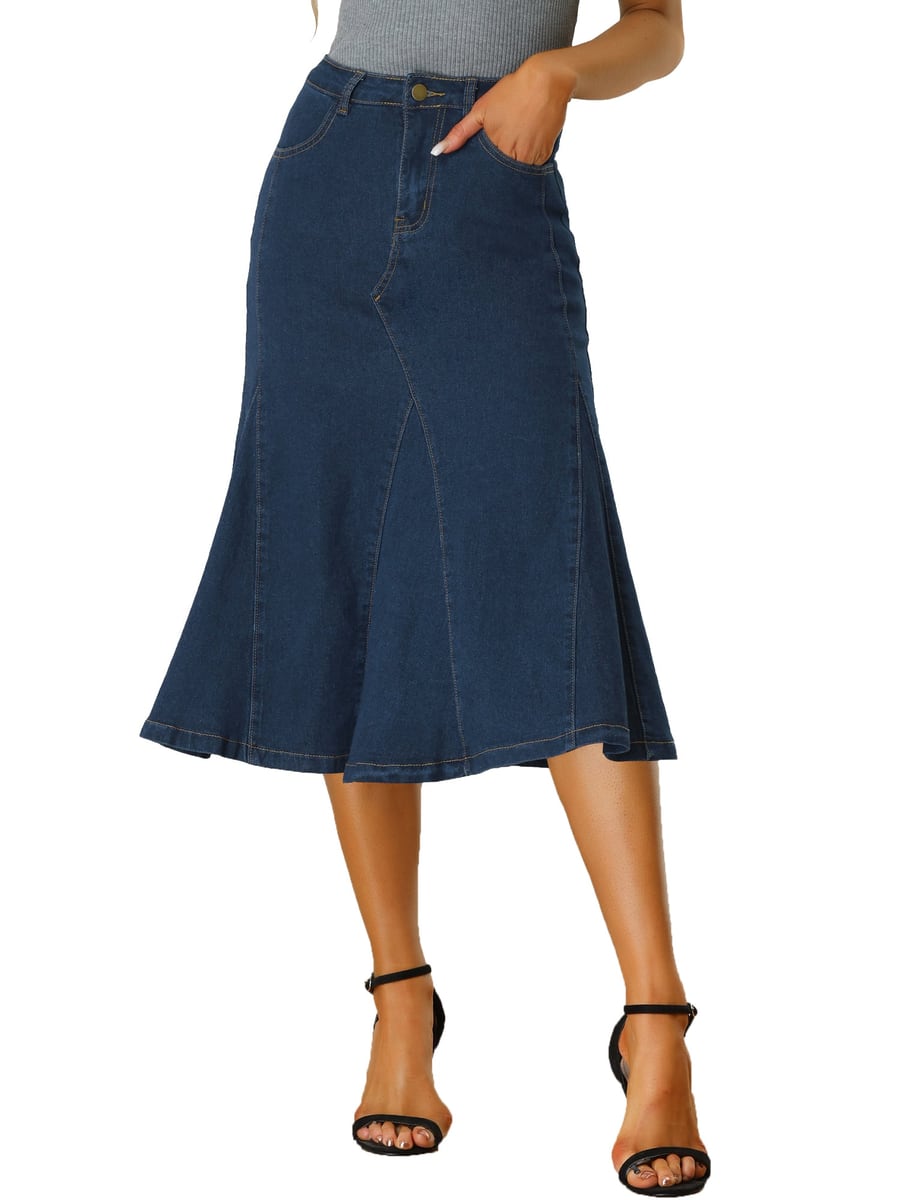Front view of the dark blue denim skirt