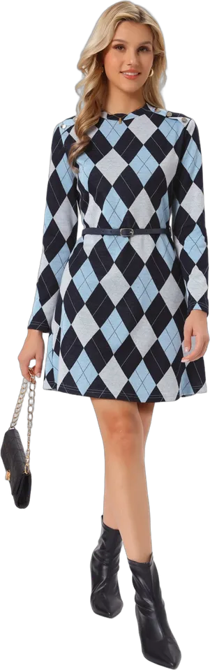 Diamond grid crew neck dress