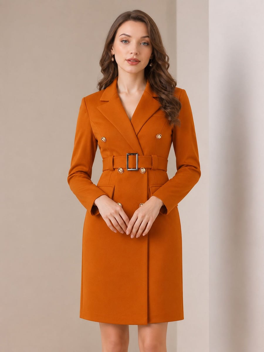 Front view, brown blazer dress belted