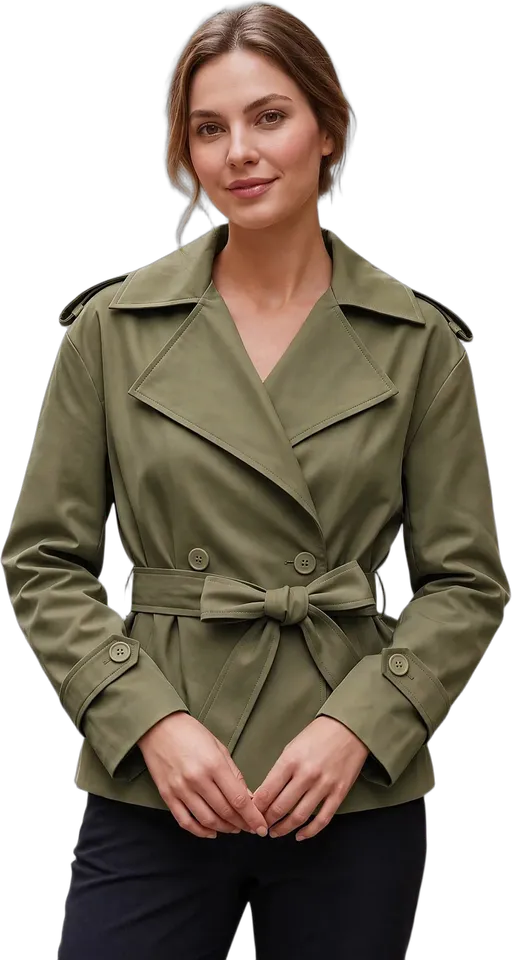 Double-breasted belted cropped trench jacket