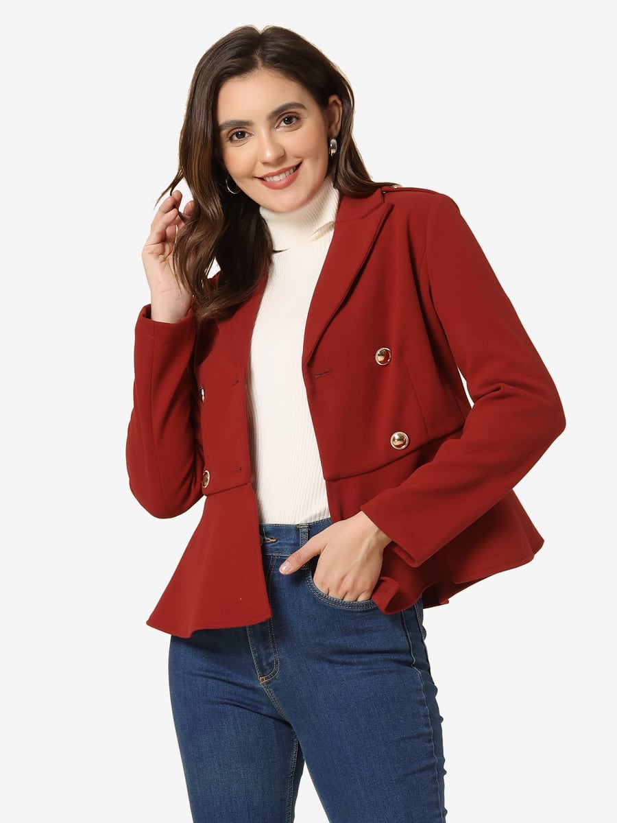 Front view in burgundy with a hand in the pocket