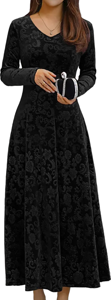 Embossed floral velvet V-neck maxi dress