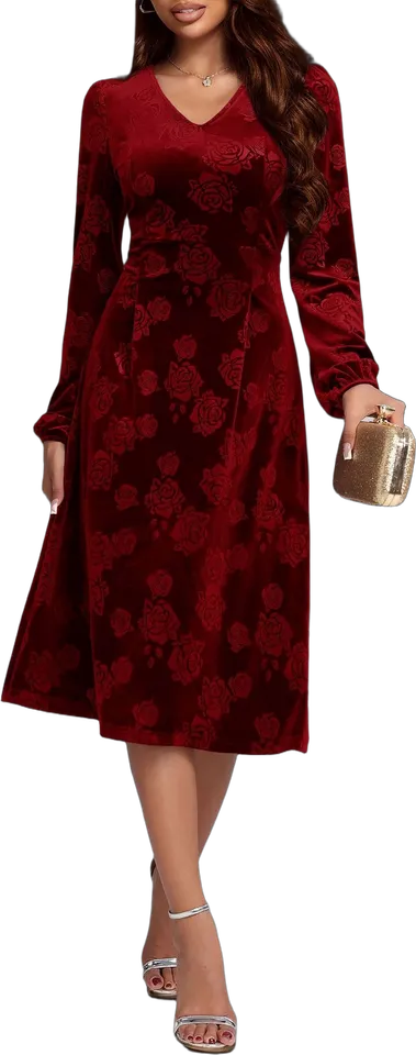 Embossed velvet V neck puff sleeve dress