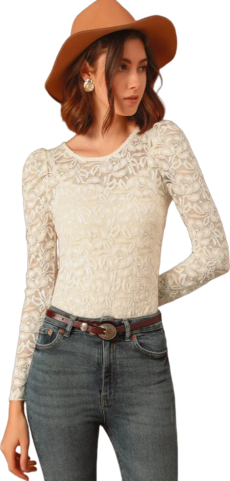 Embroidered lace puff sleeve blouse
