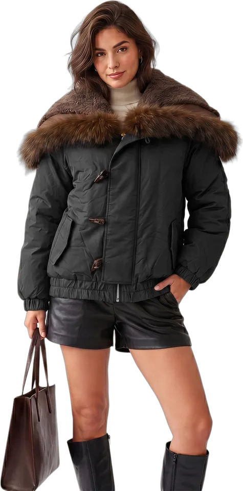 Faux fur hood toggle button puffer jacket