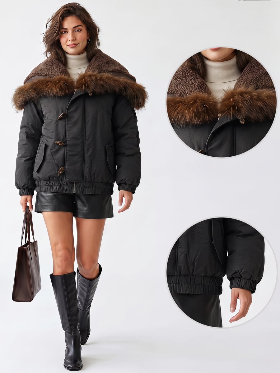 Full length with close-ups of the fur trim and cuff
