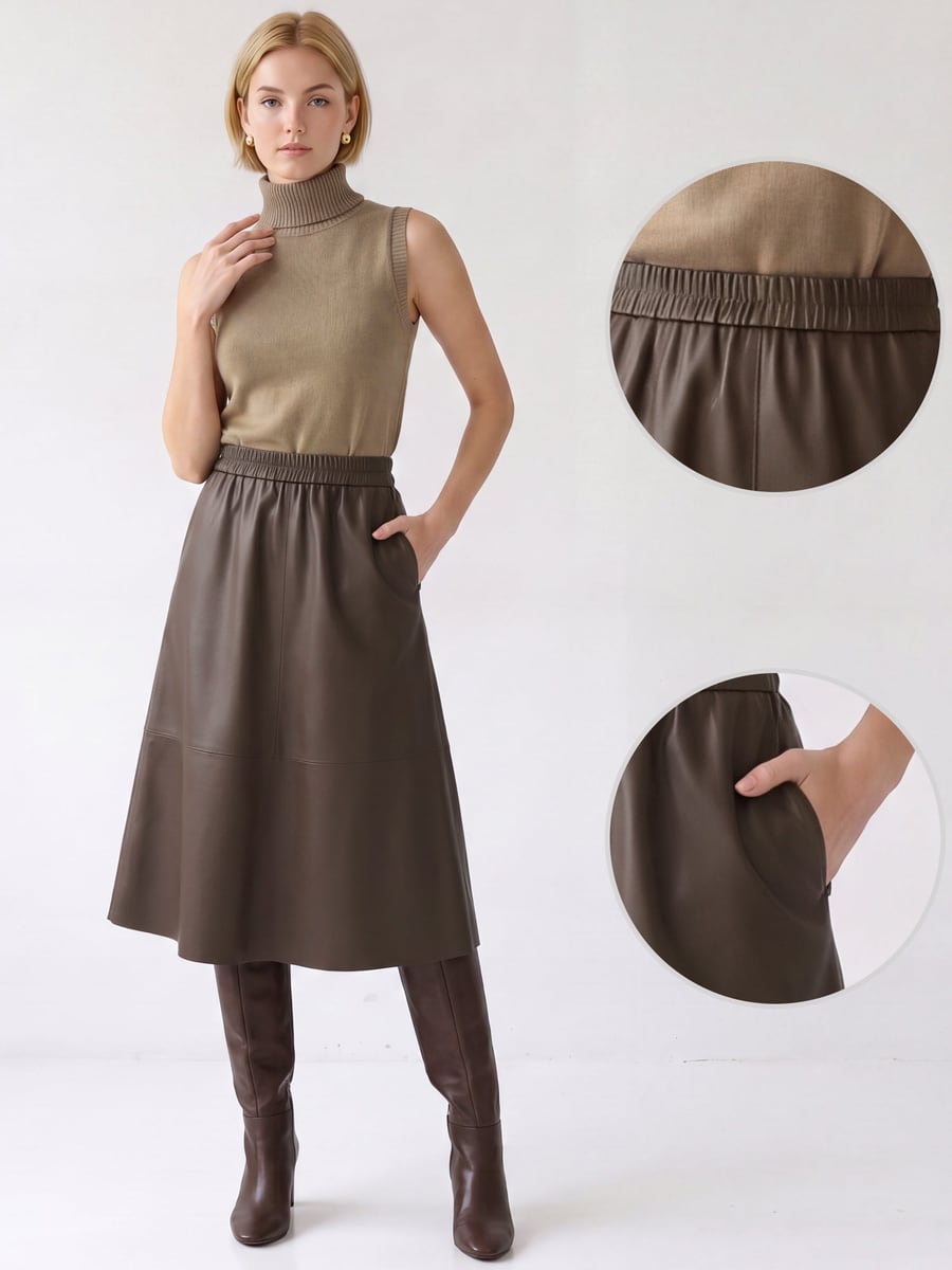 Full-length front view in coffee, with waistband and pocket close-ups