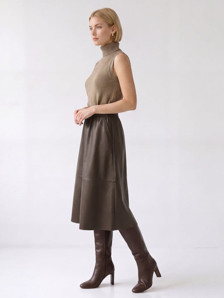 Side view with a knit top and tall boots