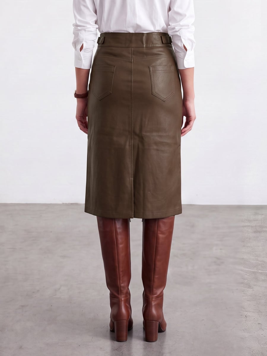 Back view in brown with tall boots