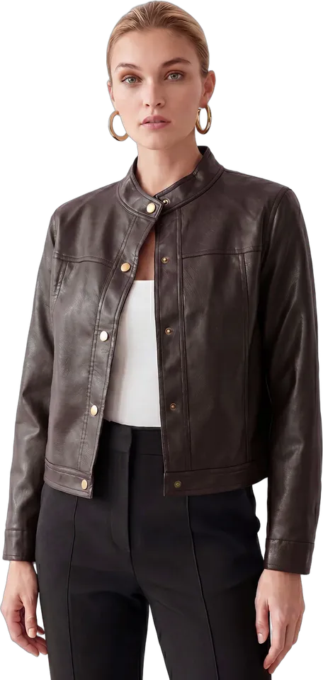 Faux leather snap button cropped jacket