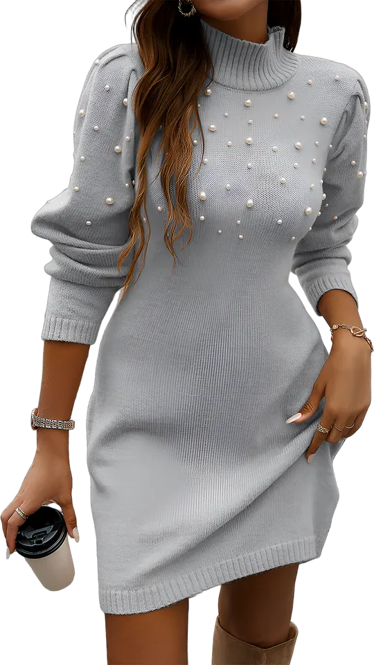 Faux pearl mock neck sweater dress