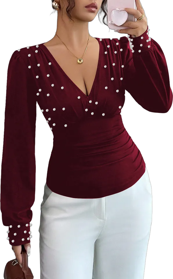 Faux pearl ruched V-neck blouse