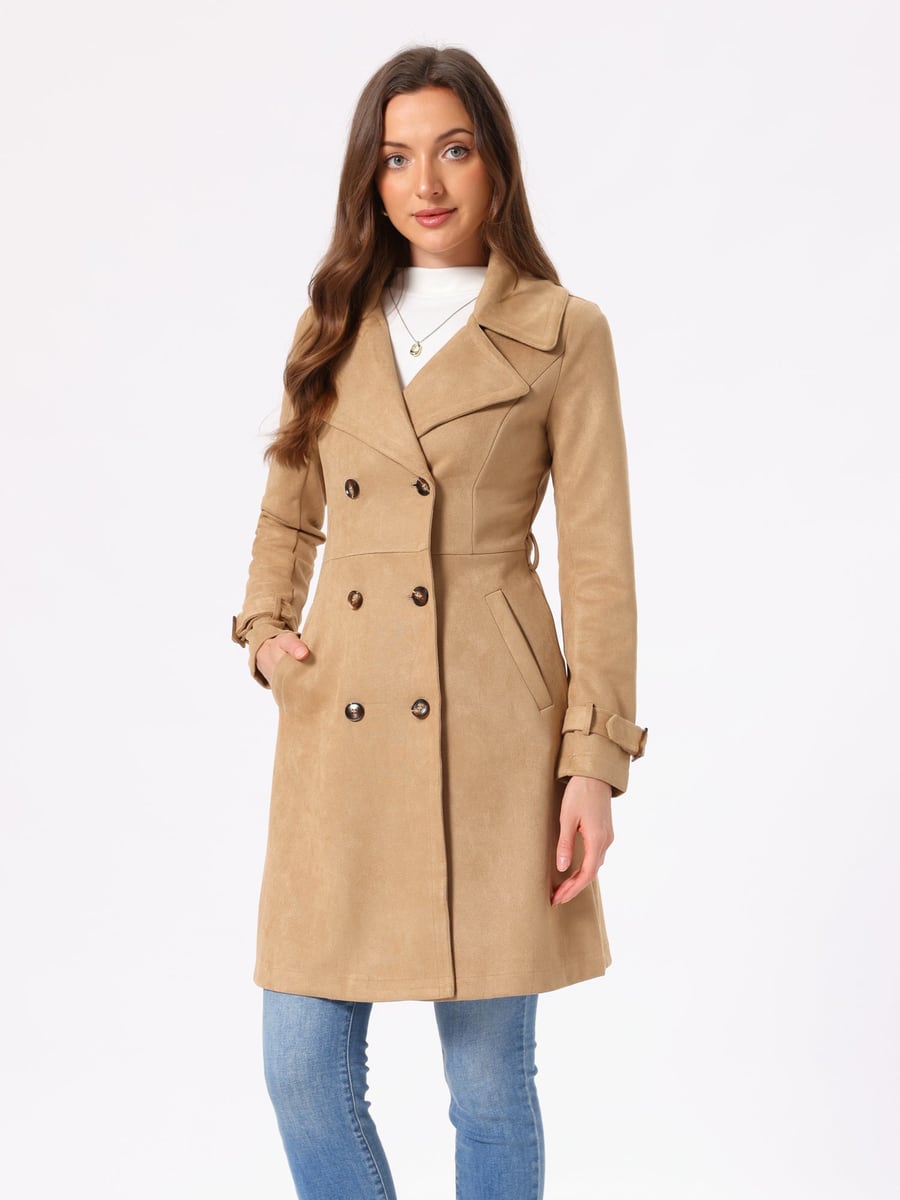 Front view, khaki trench buttoned up