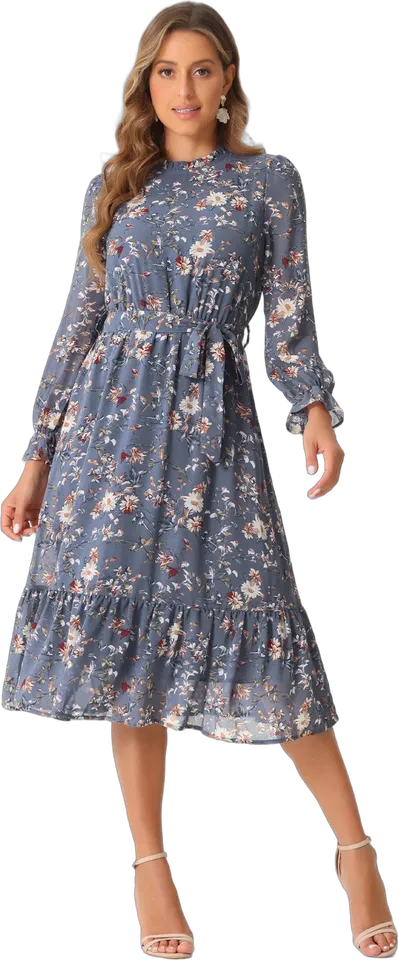 Floral chiffon ruffle hem midi dress