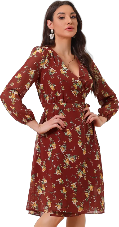 Floral chiffon tie waist wrap midi dress