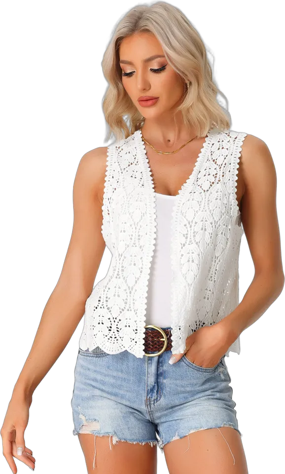 Floral crochet open-front vest