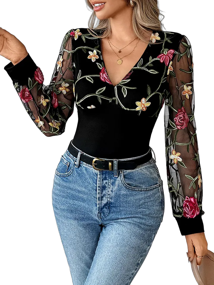 Floral embroidered mesh sleeve top