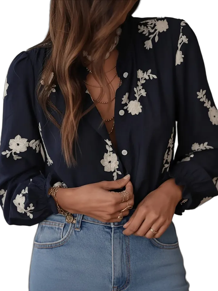 Floral embroidered ruffle cuff button shirt