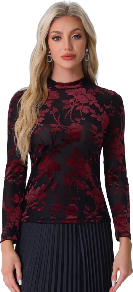 Velvet floral mesh mock neck top