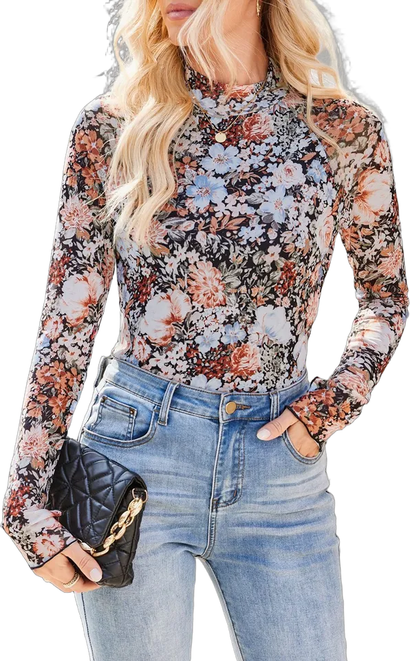 Floral mesh mock neck top
