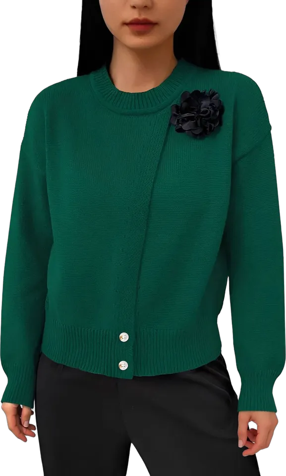 Flower brooch button front knit sweater
