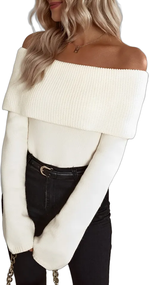 Fold-over off-shoulder knit sweater