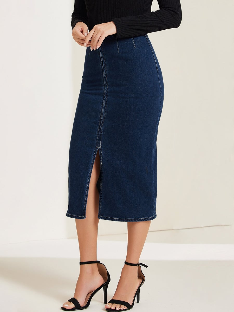 Front view of the dark blue denim skirt