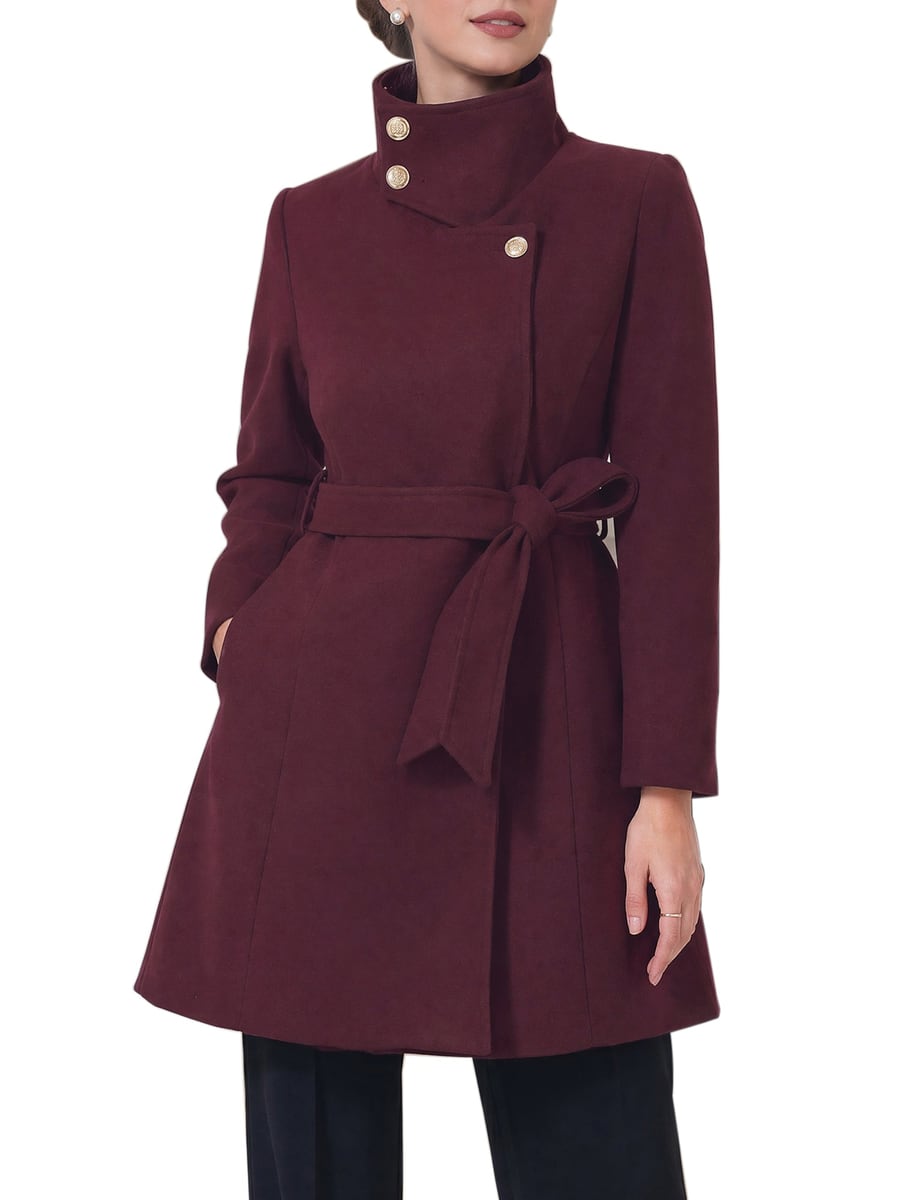 Front view, burgundy coat with the belt tied
