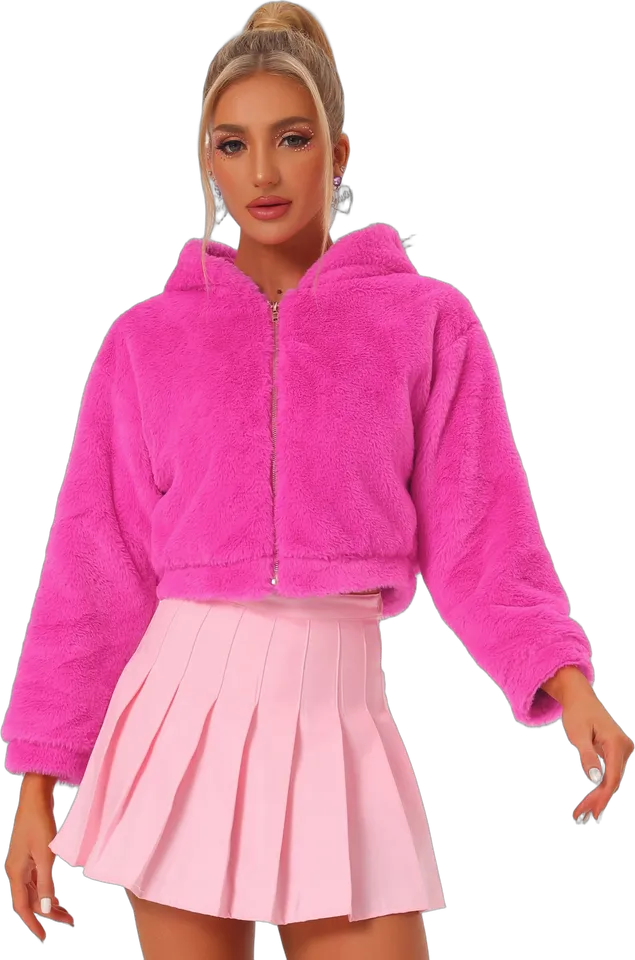 Fuzzy hooded zip-up cropped jacket