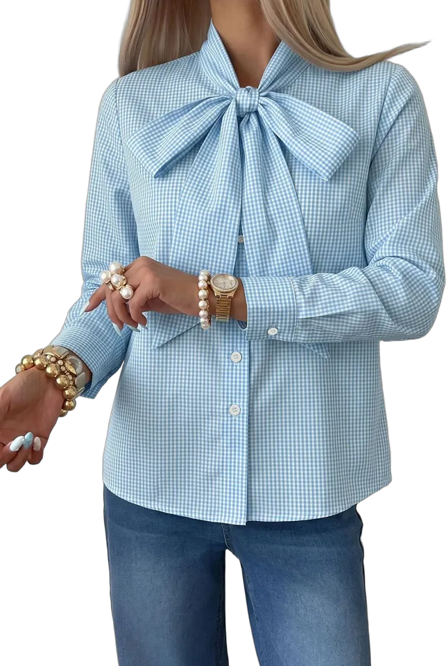Gingham bow tie neck blouse