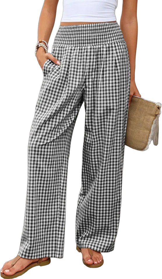 Pantalón ancho de cuadros vichy con cintura elástica