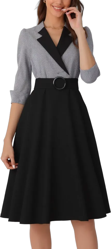 Gingham lapel belted swing midi dress
