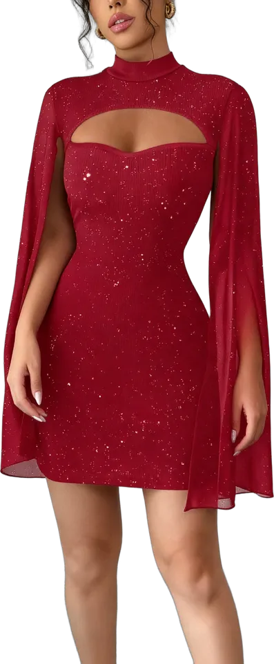 Glitter rib cape sleeve mini dress
