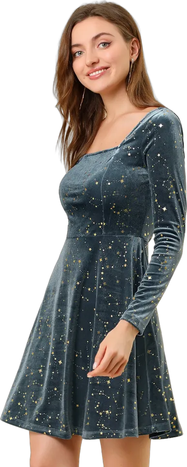 Glitter star velvet square-neck mini dress