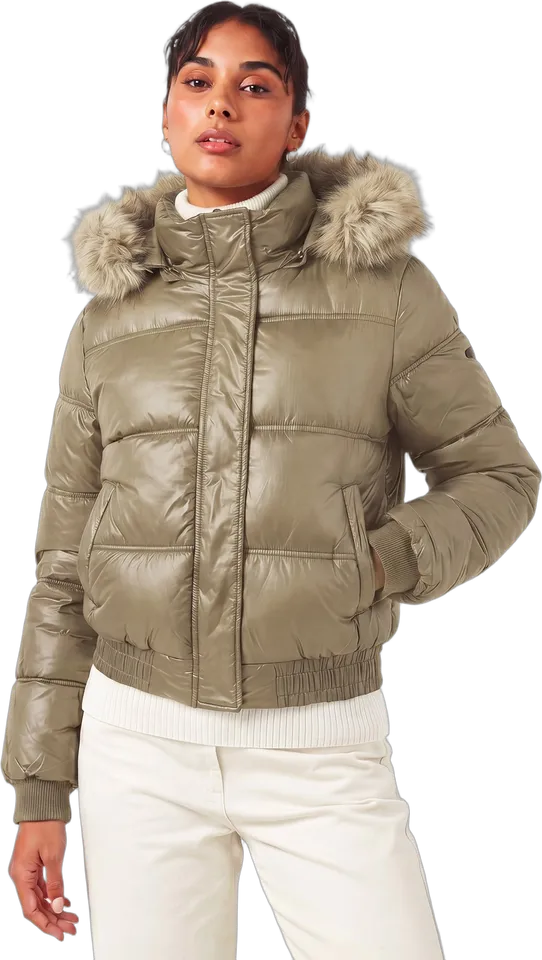 Glossy cropped puffer with faux fur hood