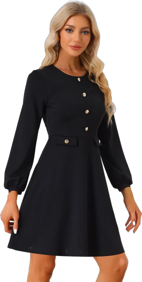 Gold button crew neck A-line dress