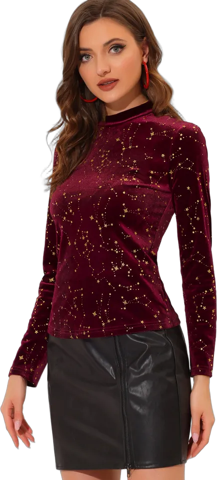 Gold star print velvet top