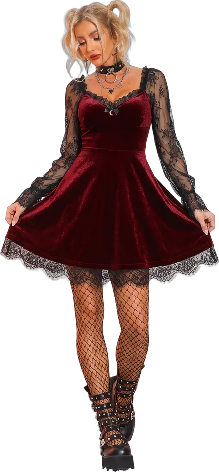 Lace and velvet patchwork mini dress