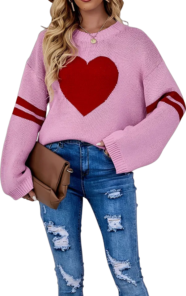 Heart pattern striped sleeve sweater
