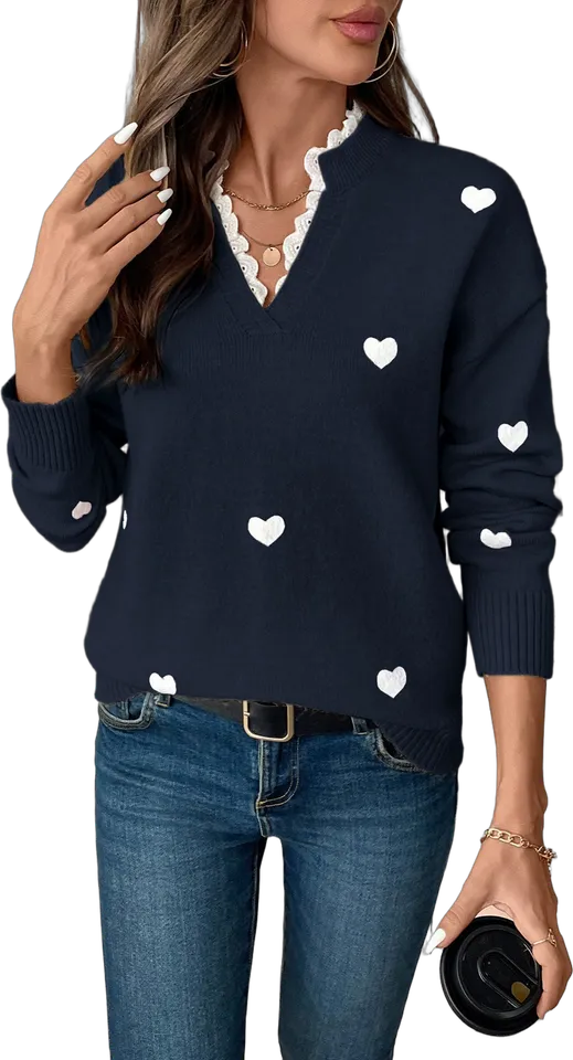 Heart lace collar pullover sweater