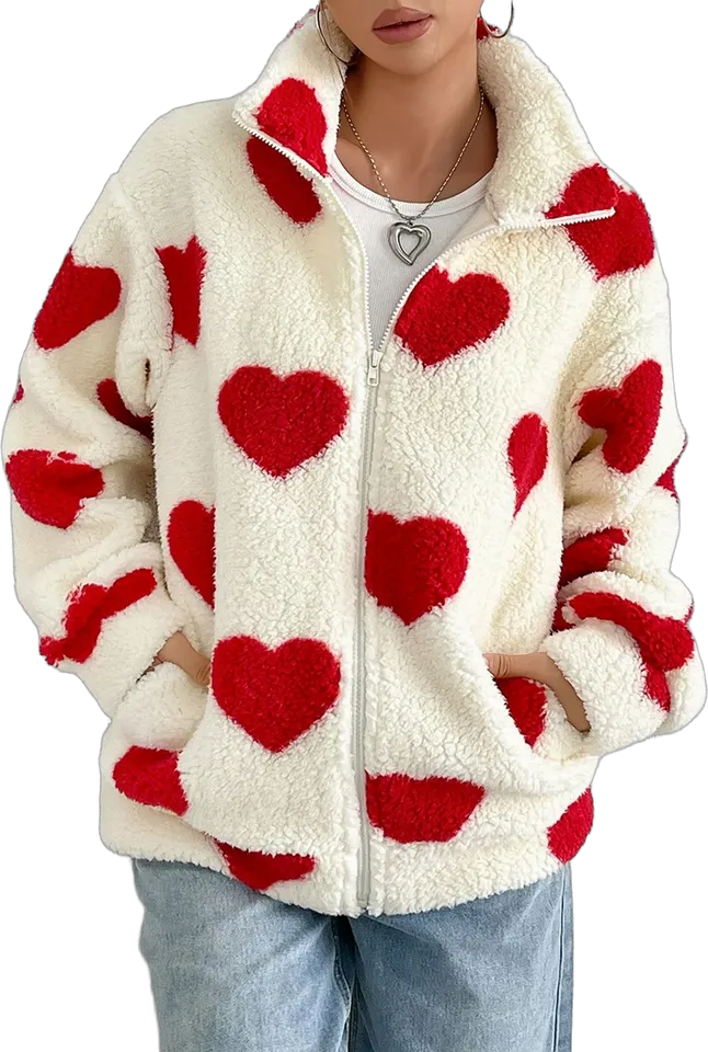 Heart print plush zip-up jacket