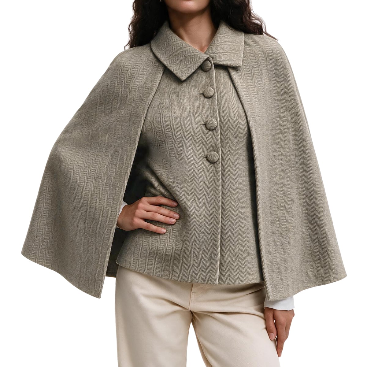 Front view, khaki cape coat