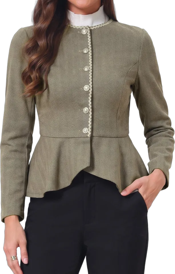 Herringbone ruffle hem crew neck jacket