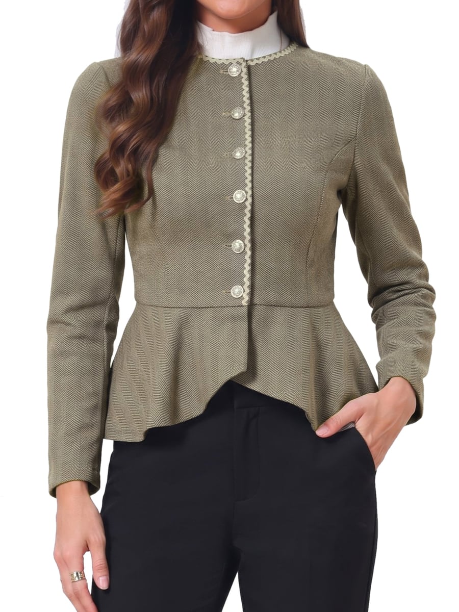 Front view, brown khaki jacket buttoned