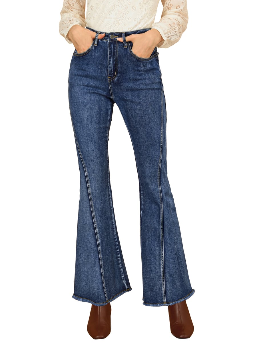 Front view, blue flare jeans on a white background
