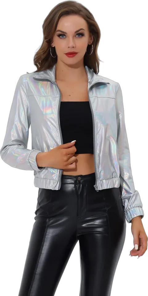 Holographic zip-up metallic track jacket