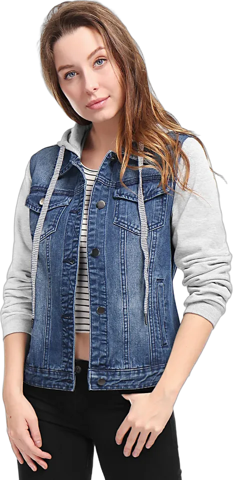 Hooded contrast sleeve denim jacket